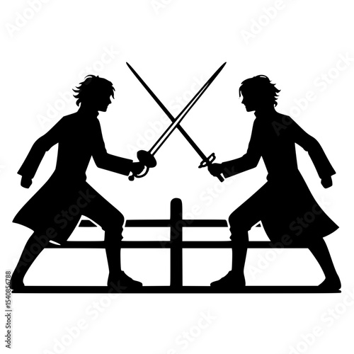 Minimalist Two Players Sword Duel Silhouette – Black SVG Clipart Icon