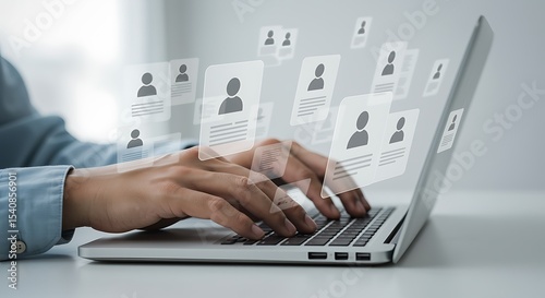 Hands typing on silver laptop reviewing digital resumes job applications online recruitment
