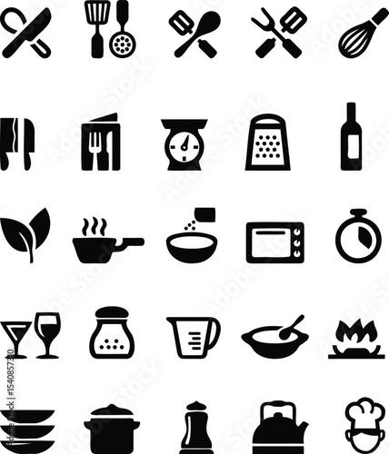 Kitchen and home appliance Cooking set vector icons in bold, only black silhouette style. Editable Changeable.