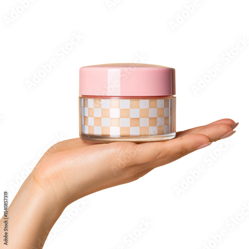 Elegant Pink Cosmetic Jar Held by Hand for Beauty Product Display