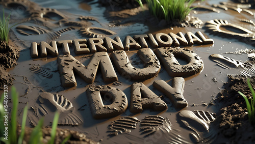 International Mud Day Text Banner Typography with Mud Splashes and Natural Mud Elements