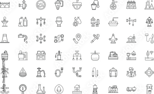 Extensive Collection of Water and Plumbing System Icons Detailing Infrastructure and Processes for Design and Technical Applications