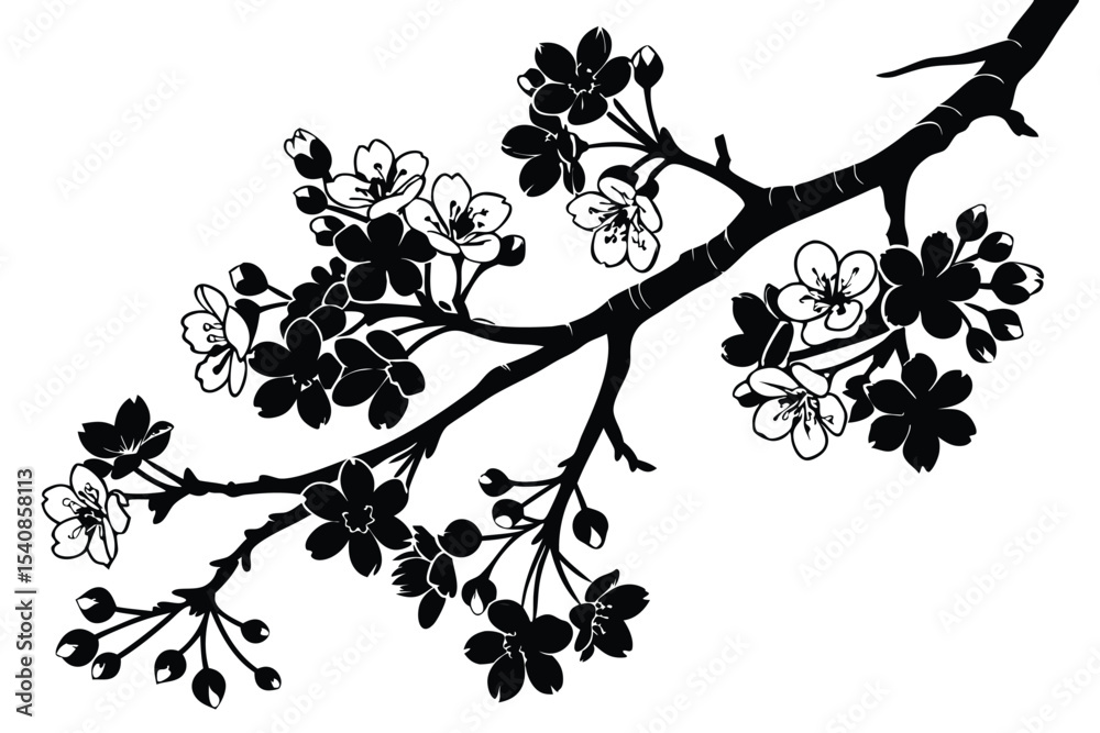 Fototapeta premium Blossoming branches of cherry with blooming flowers is depicted in solid black and white