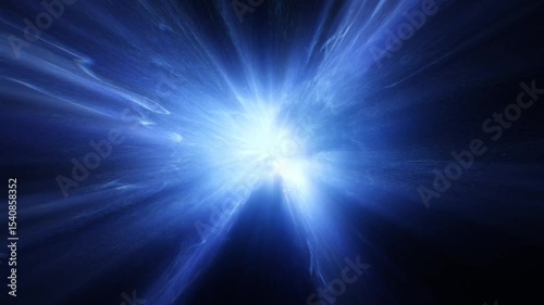 Dynamic abstract background featuring a bright, luminous blue light bursting outwards like a star or energy core, surrounded by plasma or nebula effects against a dark backdrop. 3D render