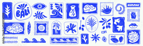set of summer tropic blue on white  print  elements, sea, Bali coffee, tree, corals, wave, frame, palm, tiger, bird, stamp, vintage, decoration, stickers, postal, vector illustration