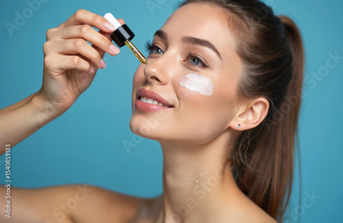 Young woman applies facial serum with dropper. Beautiful girl with healthy skin, fresh makeup, cosmetic product, dermatology and skincare. Face cream on cheek, spa treatment, blue studio background.