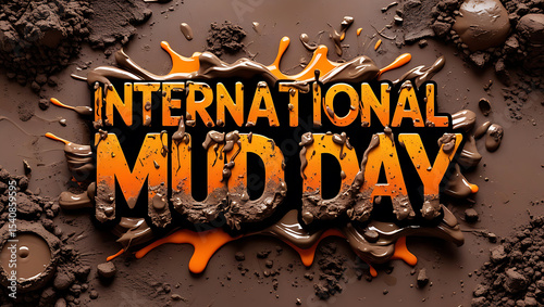 International Mud Day Text Banner Typography with Mud Splashes and Natural Mud Elements