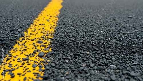 A close-up of a textured asphalt road with a vibrant yellow line creates a striking visual contrast.