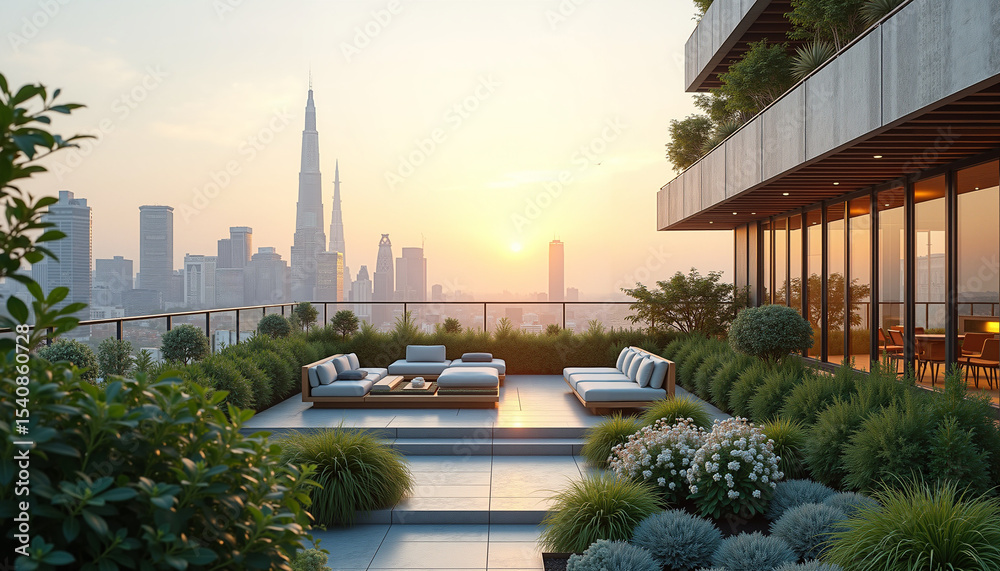 Fototapeta premium A serene, luxurious rooftop terrace with lush greenery overlooking a sprawling cityscape at sunset.