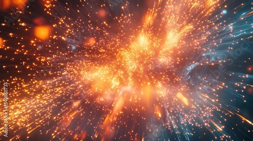 Glowing bursts of subtle opalescent-colored fireworks streaking downward into electric lines of sharp orange and clouded silver bursts.