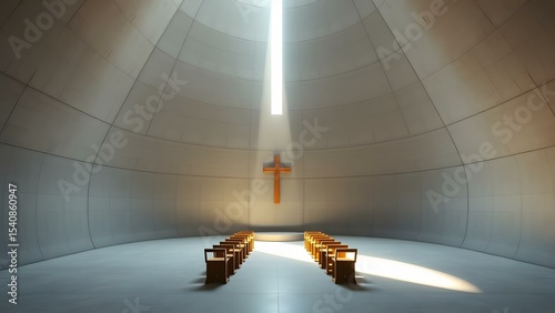 A modern church interior featuring a cross and rows of wooden chairs illuminated by natural light.