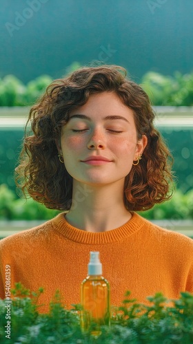 Everyday Habits That Help the Ozone Layer, A young woman enjoying tranquility with natural skincare products. Everyday habits that help the ozone layer shown in sustainable lifestyle actions