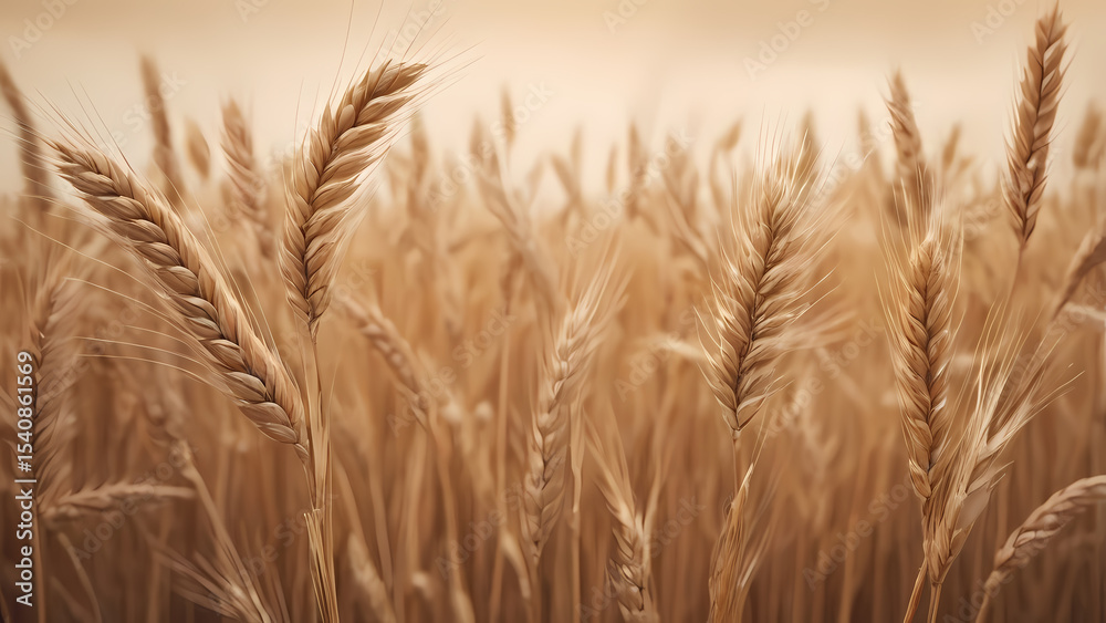 Fototapeta premium Rustic wheat and seed heads decorate the right edge of a moody horizontal background in warm ochre, beige, and golden brown hues, with natural textures and inviting soft lighting