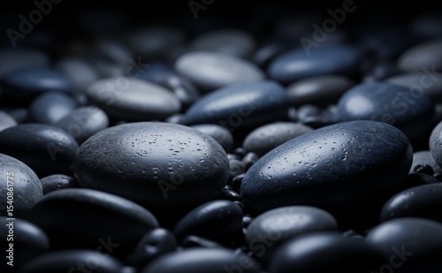 A close-up of dark, smooth river stones and pebbles. Symbolizes tranquility, nature, stability, and meditative balance. Ideal for wellness, spa, or natural themes.