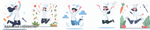 vector female chef celebrating jumping