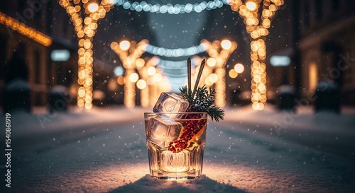 A festive holiday cocktail garnished, on a table against a blurred background of snowy city streets illuminated with warm string lights. winter cheer, festive celebrations, and cozy urban nightlife.