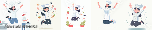 vector female chef celebrating jumping