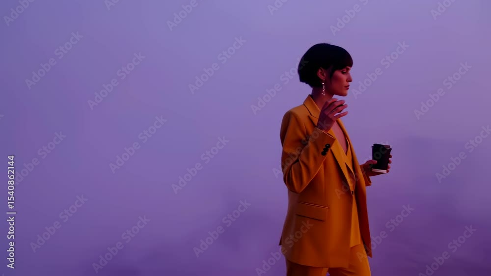 Confident woman in bright suit joyously enjoying a break with coffee against purple haze Confident woman in bright suit joyously enjoying a break with coffee against purple haze