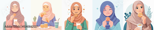 hijab woman character vector eating biscuits