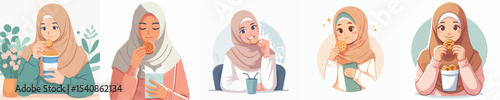 hijab woman character vector eating biscuits
