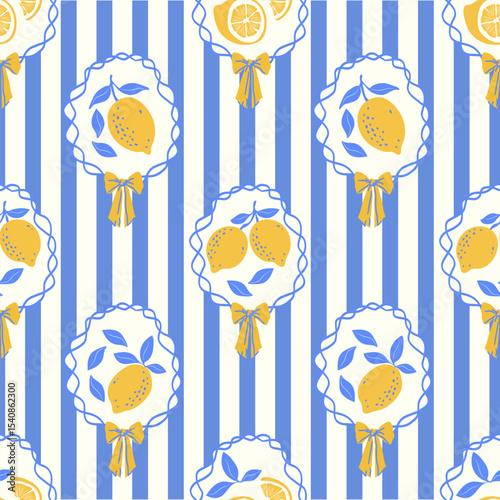 Lemon fruits summer seamless pattern. Hand draw lemons in ribbon frame with bow. Sketch drawing. Vector illustrations in ink line doodle sketch images for fabric, wrapping paper.