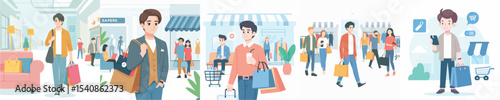 vector of young people shopping at the mall
