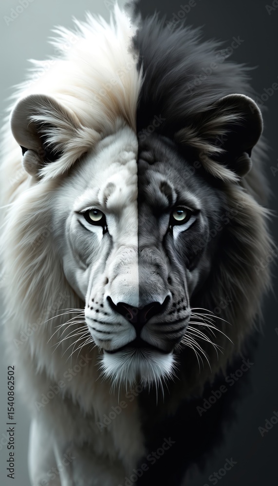 Fototapeta premium Dramatic artwork white lion merged with black lion, complexity identity, balance opposites. Powerful image creates duality contrast, strength, emotion. Stunning artistic representation evokes modern