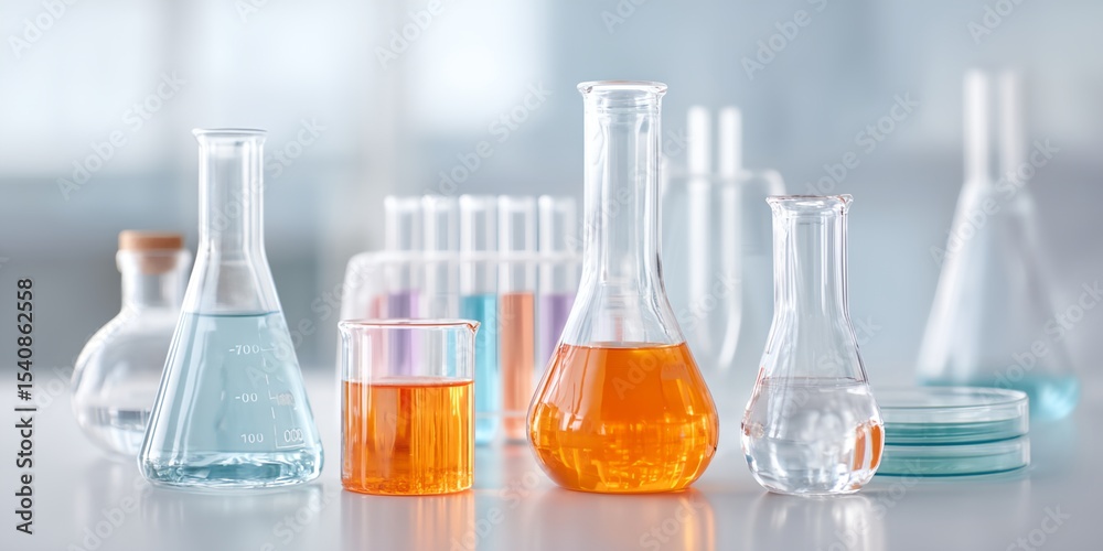 Table with many different colored glass beakers and test tubes. Table with many different colored glass beakers and test tubes.