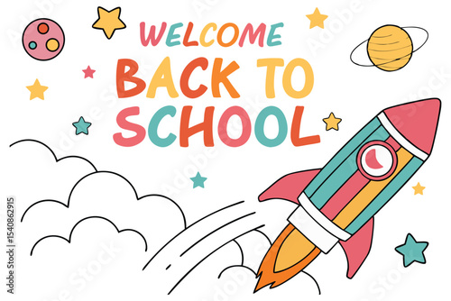 Welcome back to school with a sky. background with pencils flying with rocket