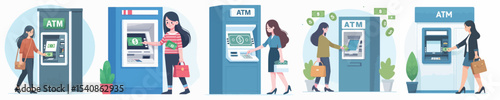 vector woman taking money from atm