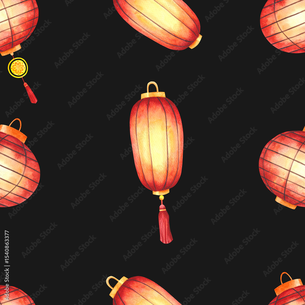 Fototapeta premium Seamless pattern of traditional Chinese lanterns. Red round and oval paper lanterns with warm glow, arranged diagonally on a white background. Hand-painted watercolor illustration.