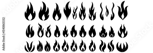Classic silhouette flame. Black fire set isolated on white background. Old school tattoo neo-tribal style or silhouette flame for cars. Minimalistic stylish fire outline and filled contour. Vector set