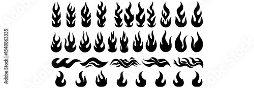 Classic silhouette flame. Black fire set isolated on white background. Old school tattoo neo-tribal style or silhouette flame for cars. Minimalistic stylish fire outline and filled contour. Vector set