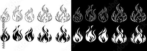 Classic silhouette flame. Black fire set isolated on white background. Old school tattoo neo-tribal style or silhouette flame for cars. Minimalistic stylish fire outline and filled contour. Vector set