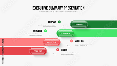 Advertising Innovation 4 Step Diagram Presentation Design. Enterprise Review Slideshow Template Vector Illustration. Sales Overview Four Element Infographic Slide Layout.