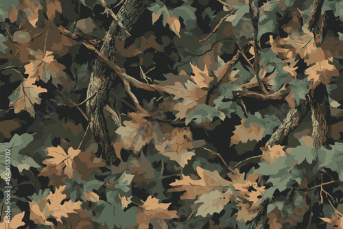 Realistic forest camouflage for hunting. Hunting Seamless pattern. Conifer tree, branches and leaves. Useable for hunting and military purposes.