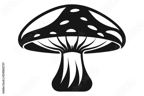 Stylized Black and White Mushroom Illustration with Spotted Cap and Gills Design