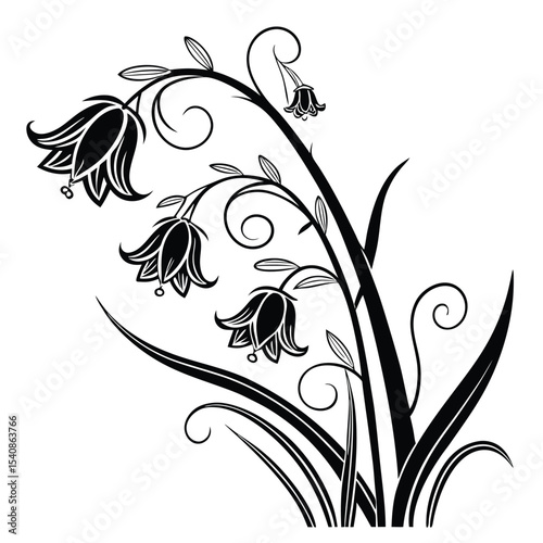 Black stylized Campanula flower pattern flourishes with leaves and tendrils gracefully on white