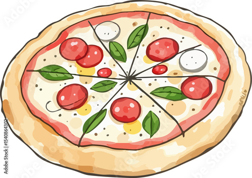 Watercolor vector illustration of a pizza.