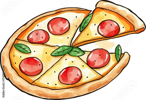 Watercolor vector illustration of a pizza.