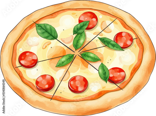Watercolor vector illustration of a pizza.