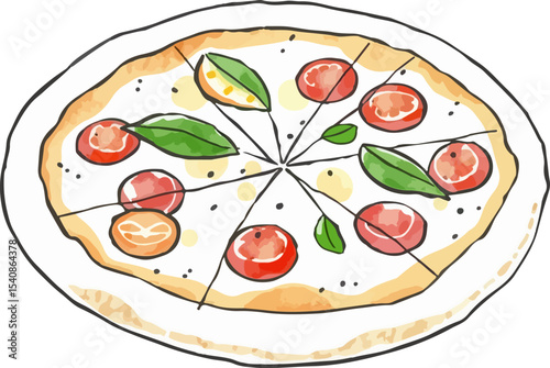 Watercolor vector illustration of a pizza.