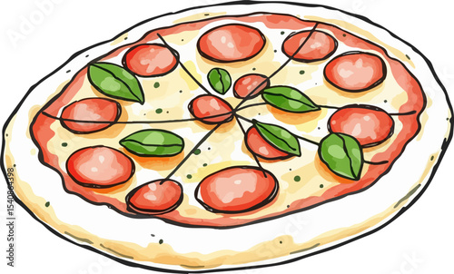 Watercolor vector illustration of a pizza.