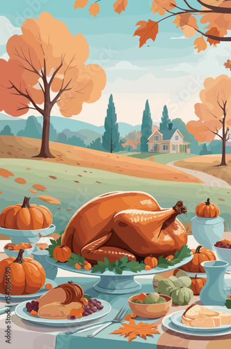 Thanksgiving feast with roasted turkey and autumn decorations in a picturesque outdoor setting for family gathering concept