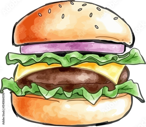 Watercolor vector illustration of a burger.