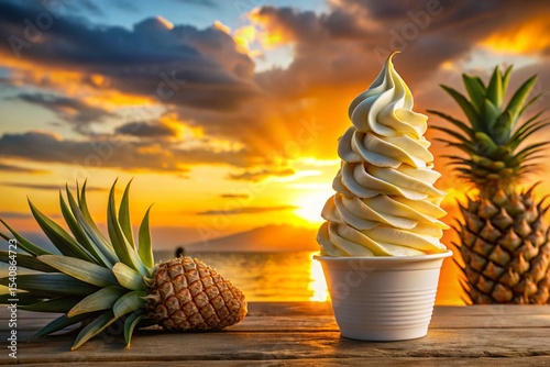 Swirled pineapple soft serve gourmet with syrup drizzle and tropical fruit garnish