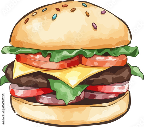 Watercolor vector illustration of a burger.