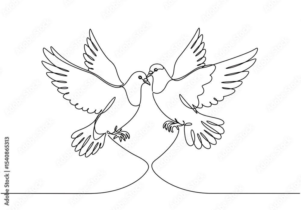 Fototapeta premium Continuous line drawing of two doves facing each other with wings spread on a white background
