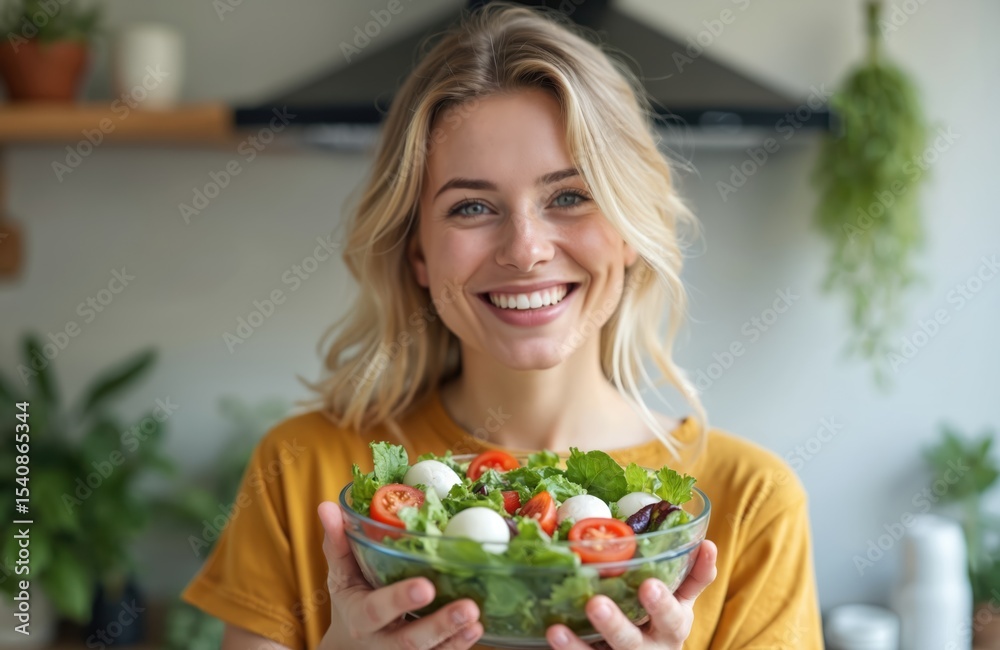 Young woman smiles, holding healthy salad bowl in kitchen. Home meal prep, vegetarian lunch, smiling female, healthy eating habits. Fresh ingredients, wellness concept, lifestyle choice. Young woman smiles, holding healthy salad bowl in kitchen. Home meal prep, vegetarian lunch, smiling female, healthy eating habits. Fresh ingredients, wellness concept, lifestyle choice.