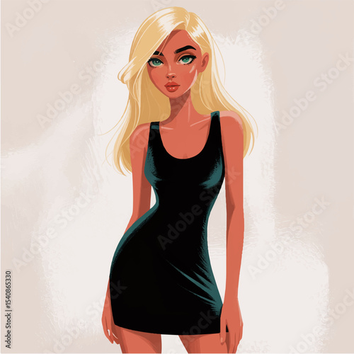 Illustration of a blonde cartoon girl in a stylish black dress on a beige background. Vector graphics. EPS.